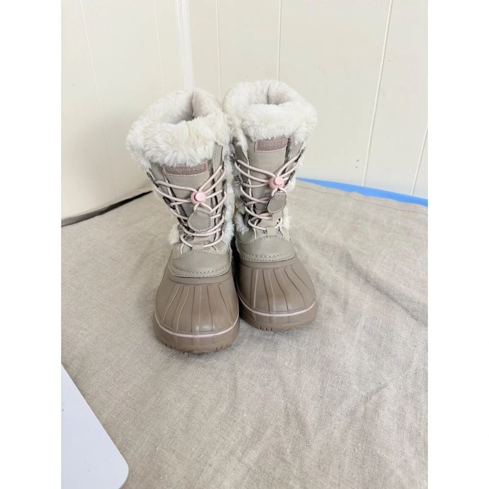London Fog Hackney Kids Shimmer Faux Fur Snow Boots Tan Pink Size 2 FNF1950